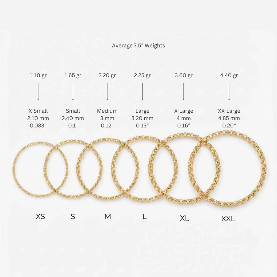 Tableau des largeurs du bracelet maille rolo en or jaune 14 carats : de 2,10 mm à 4,85 mm, avec poids moyens pour 7,5" (19,1 cm)