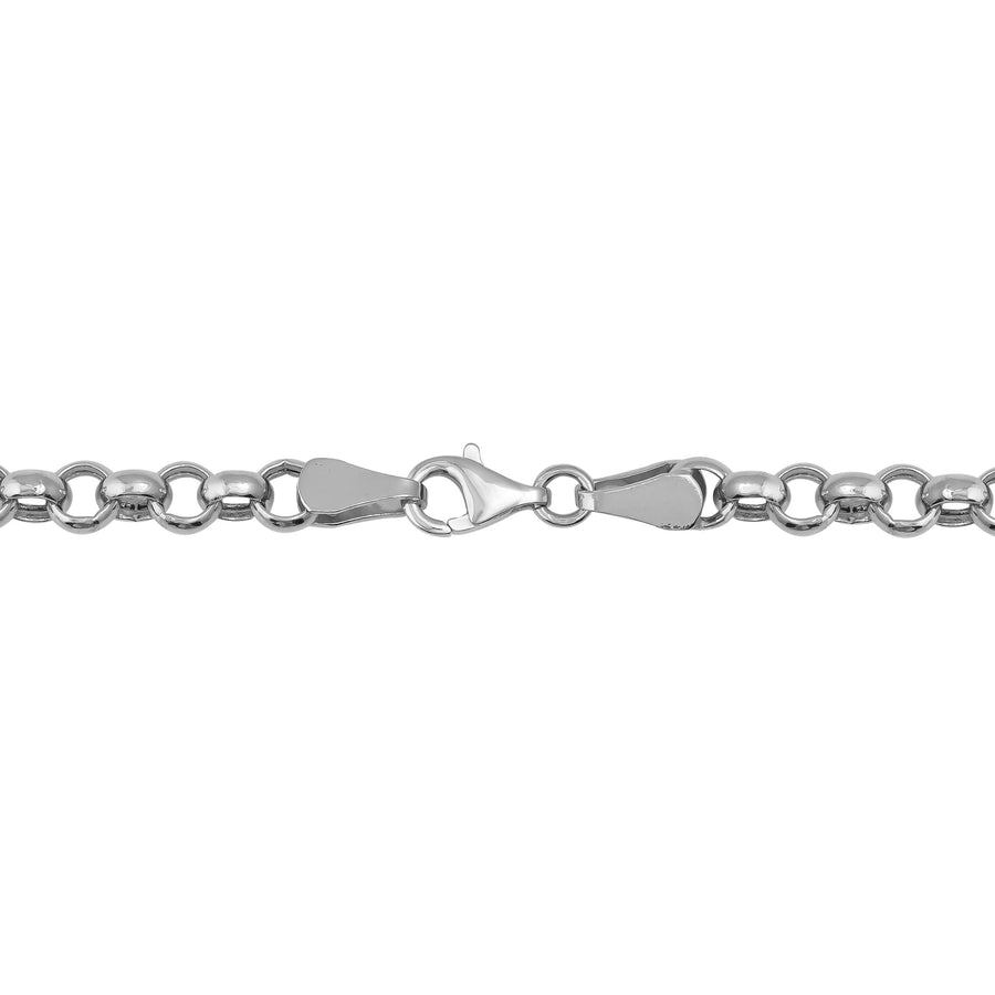 Bracelet maille rolo en or blanc 14 carats posé à plat, maillons et fermoir mousqueton visibles