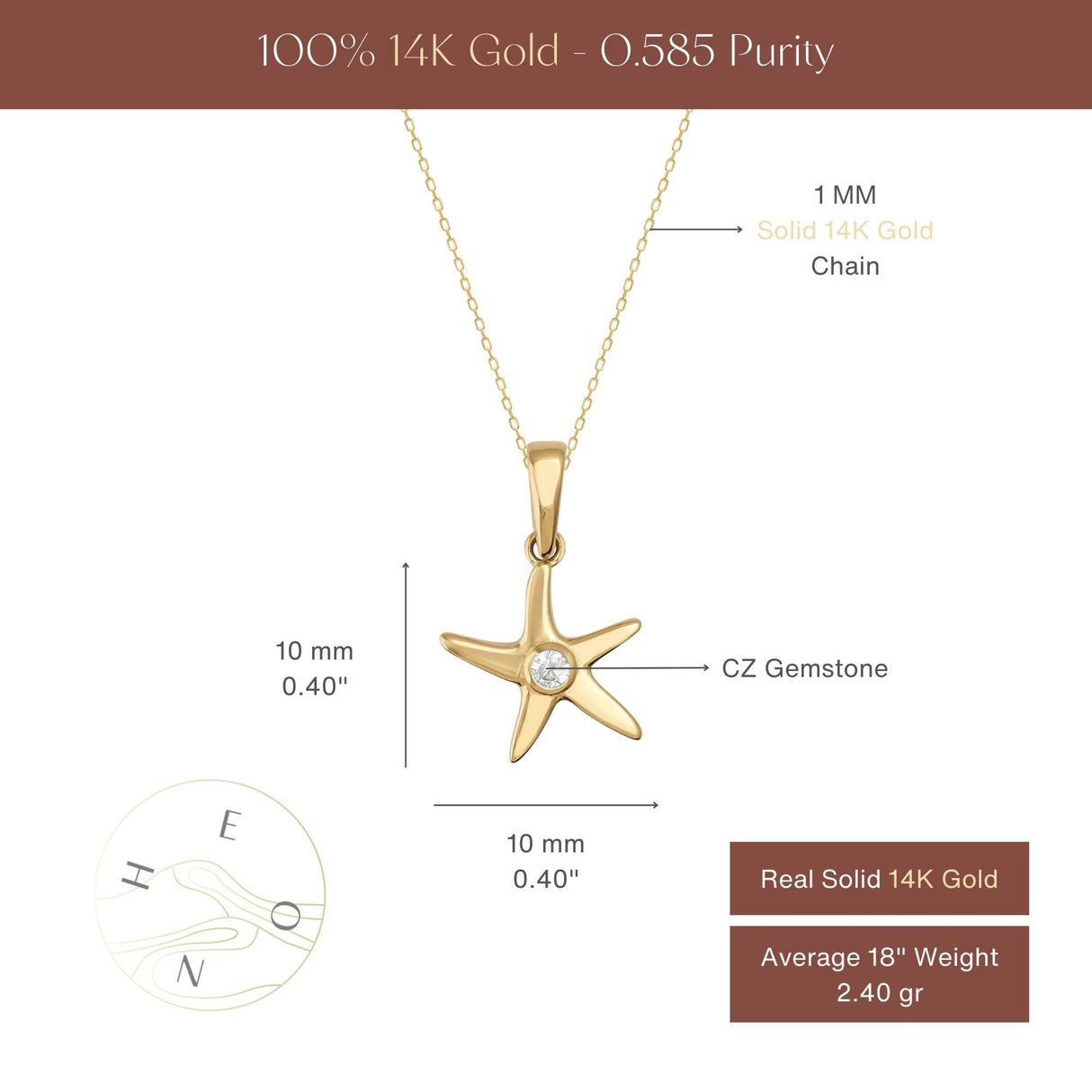 Starfish Necklace 14K Solid Gold CZ Pendant Minimal Ocean Jewelry