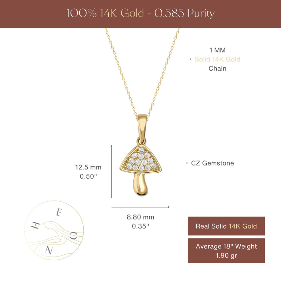 Tabella delle misure della collana con ciondolo fungo in oro giallo 14kt: 12,5 x 8,80 mm con cappello in zirconi