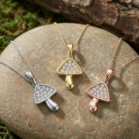 Mushroom Necklace 14K Solid Gold CZ Pendant Minimal Nature Jewelry