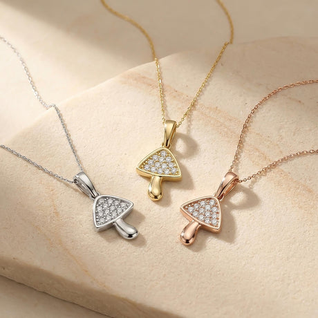 Mushroom Necklace 14K Solid Gold CZ Pendant Minimal Nature Jewelry