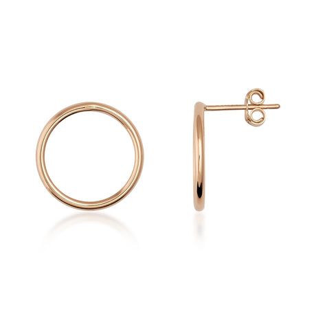 Puces d'oreilles cercle en or rose 14 carats, vue de face et de côté sur fond blanc