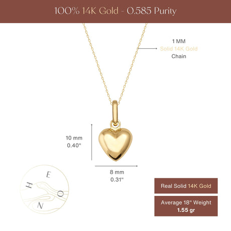 Puffed Heart Necklace 14K Solid Gold 3D Heart Timeless Love Jewelry Gift