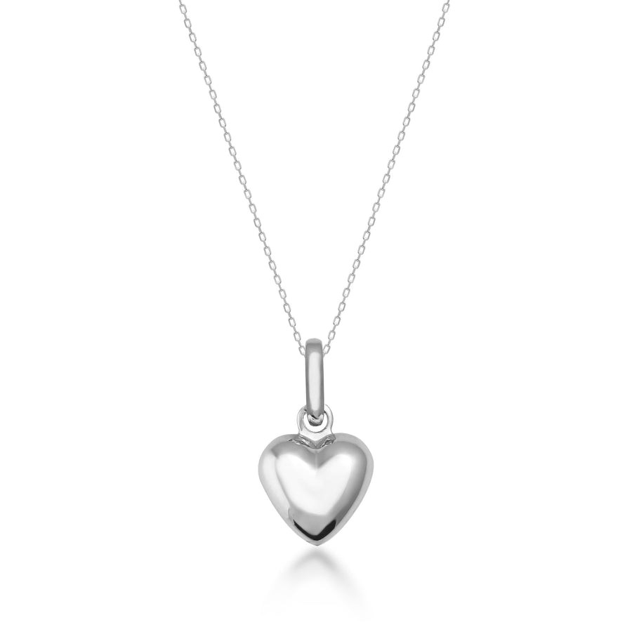 Collier cœur bombé 3D en or blanc 14 carats sur fond blanc