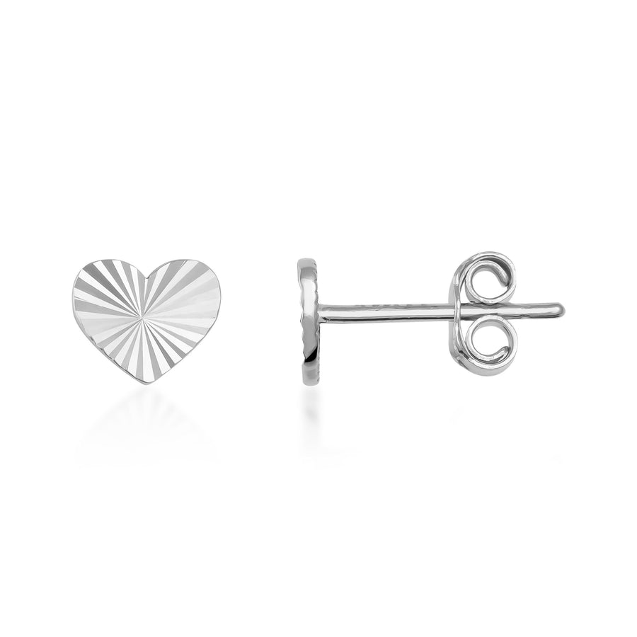 14K white gold diamond-cut heart stud earrings, front and side view on white