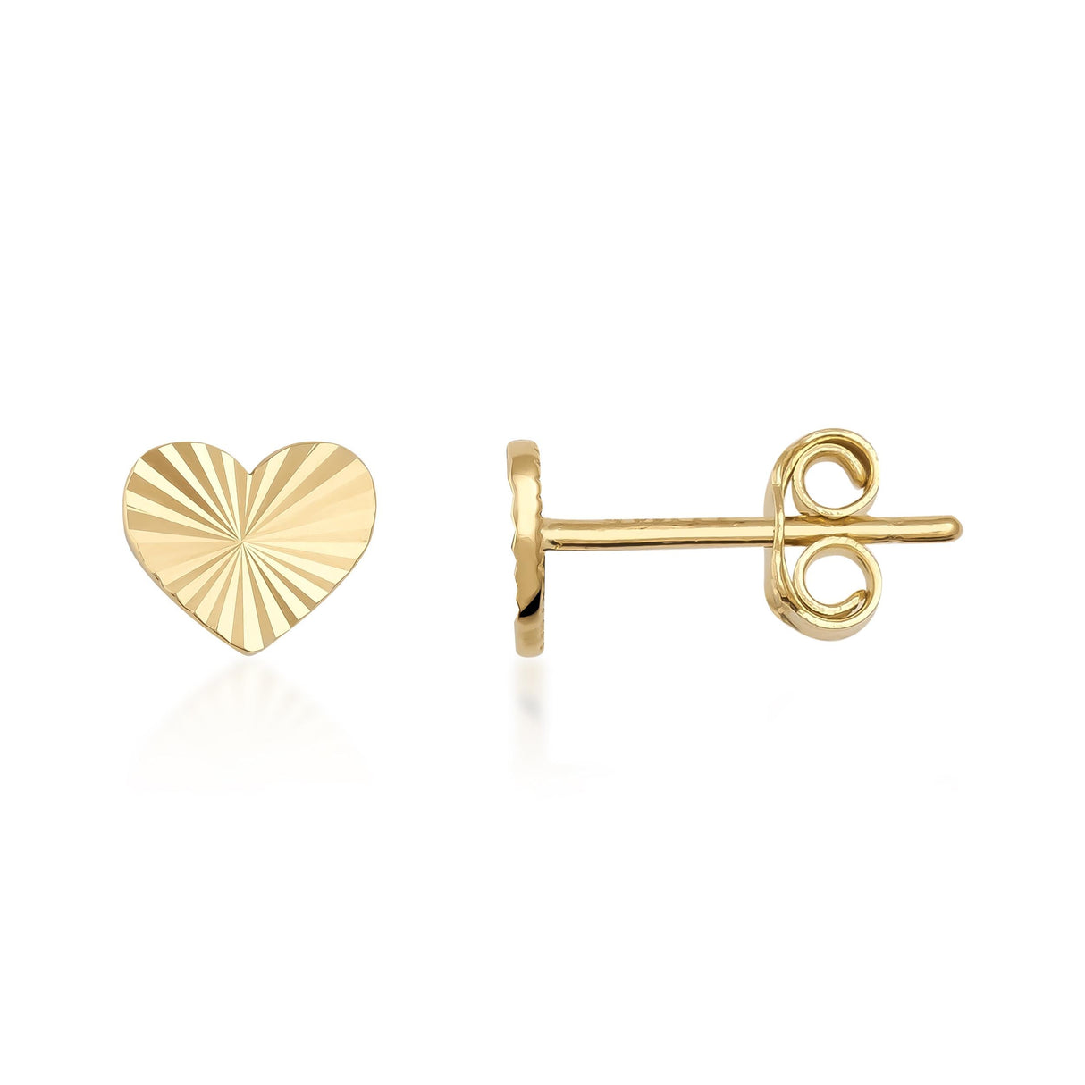 14K yellow gold diamond-cut heart stud earrings, front and side view on white