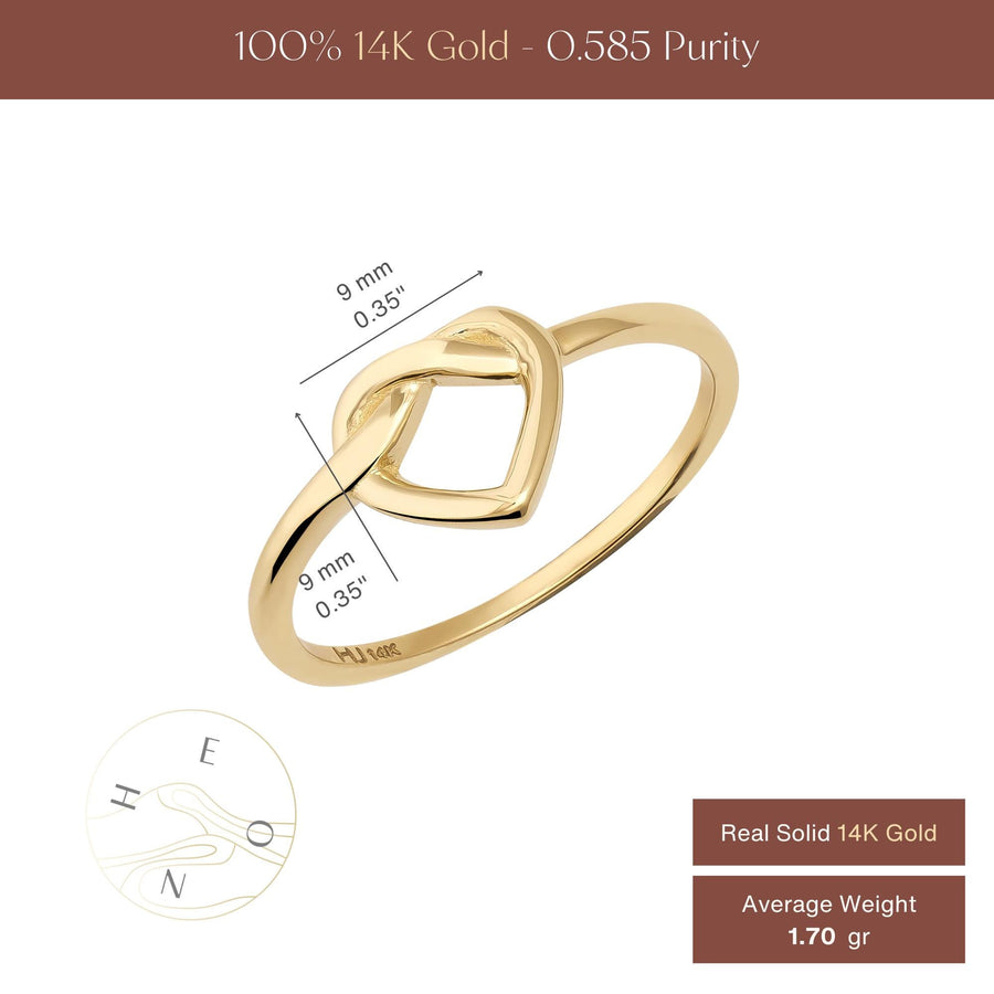 Infografica dell'anello aperto con cuore infinito in oro giallo 14kt: cuore da 9 mm e peso medio 1,70 g