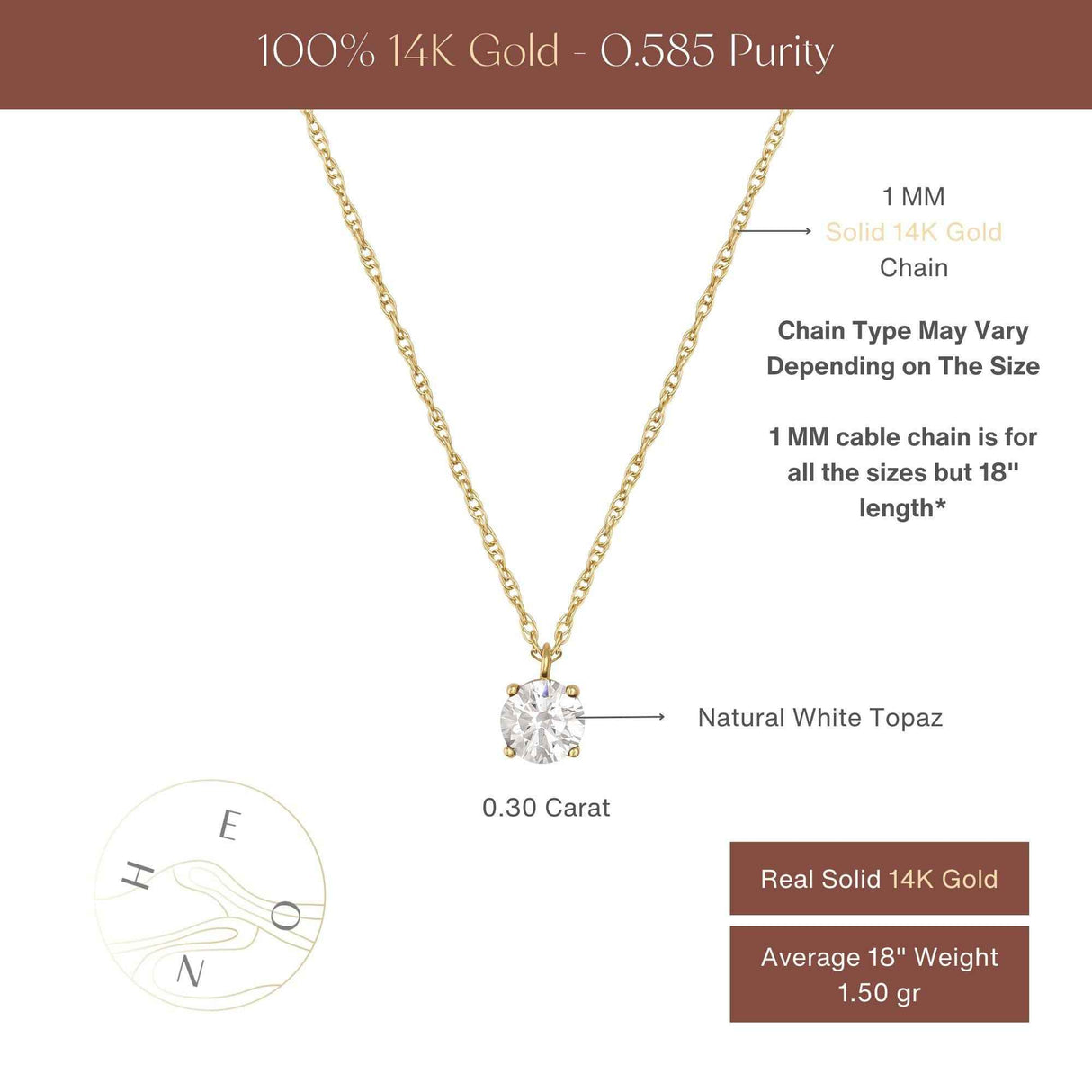 14K Solid Gold White Topaz Necklace Minimal Solitaire Gold Pendant Everyday Jewelry Gift
