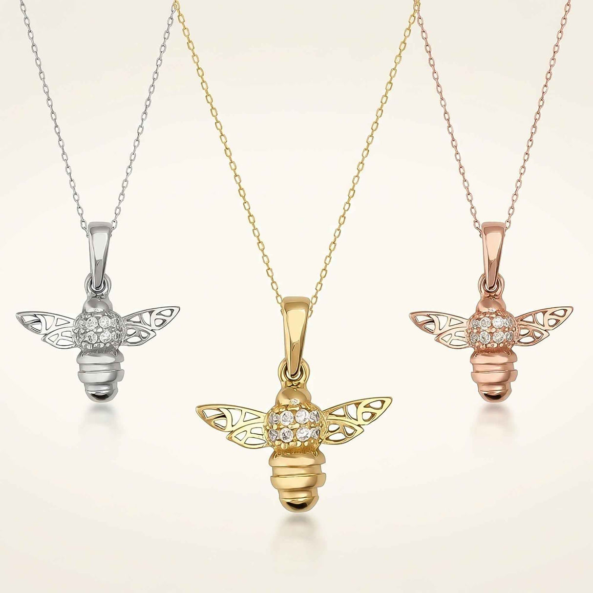 14K Solid Gold Honey Bee Pendant with CZ, Minimal Nature Inspired Jewelry Gift