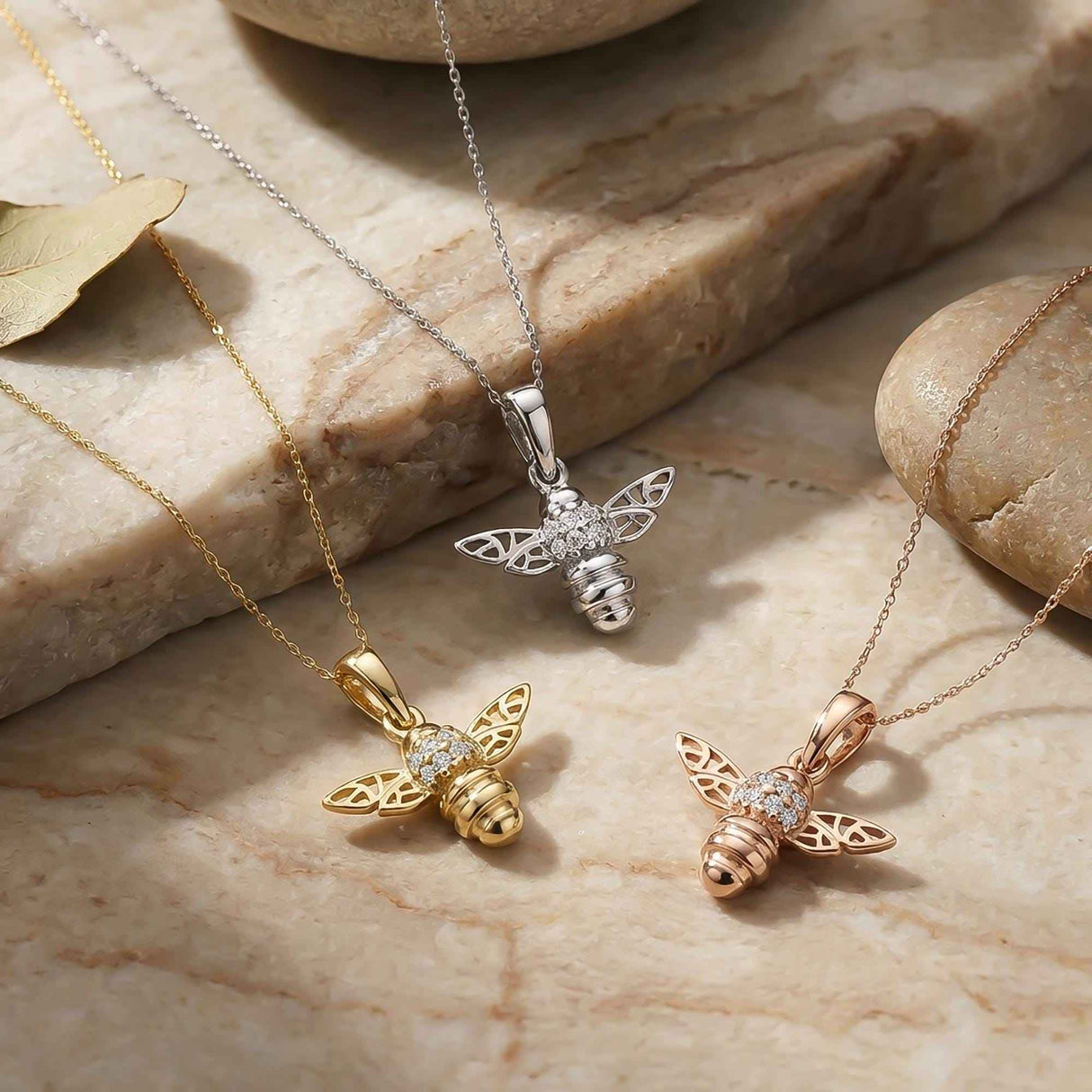 14K Solid Gold Honey Bee Pendant with CZ, Minimal Nature Inspired Jewelry Gift