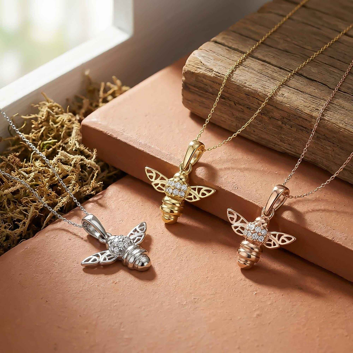 14K Solid Gold Honey Bee Pendant with CZ, Minimal Nature Inspired Jewelry Gift