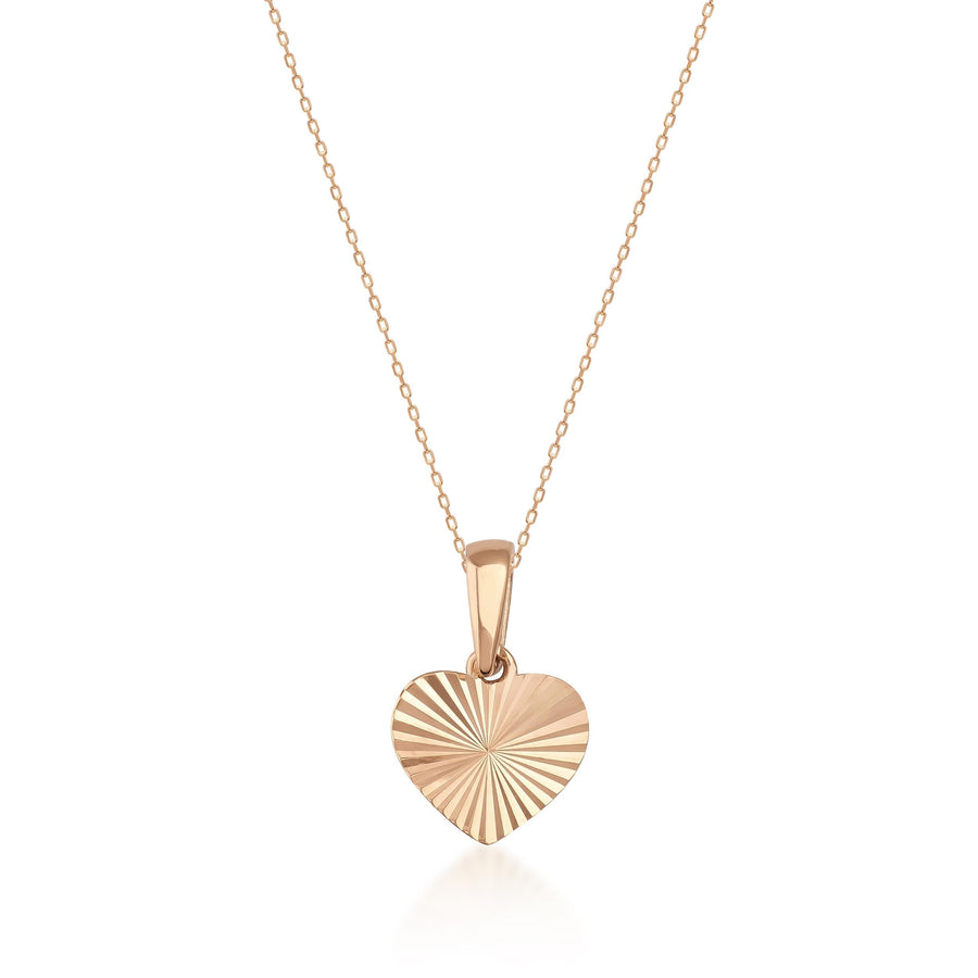 Diamond-cut heart pendant necklace in 14K rose gold on white background