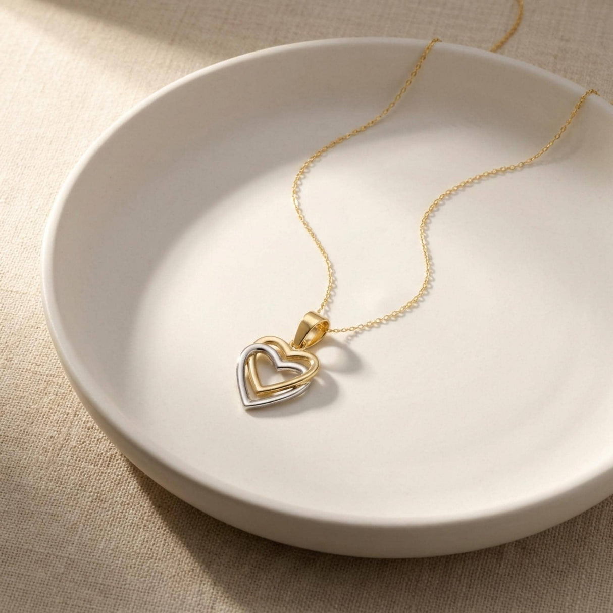 14K Solid Gold Double Heart Necklace, Two-Tone Love Pendant