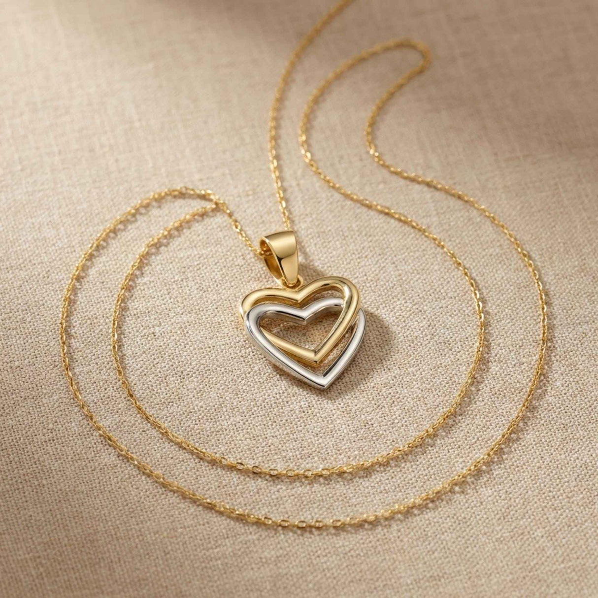 14K Solid Gold Double Heart Necklace, Two-Tone Love Pendant