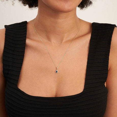 14K Solid Gold Sapphire Necklace Pear Halo Pendant September Birthstone Dainty Blue Gem Gift