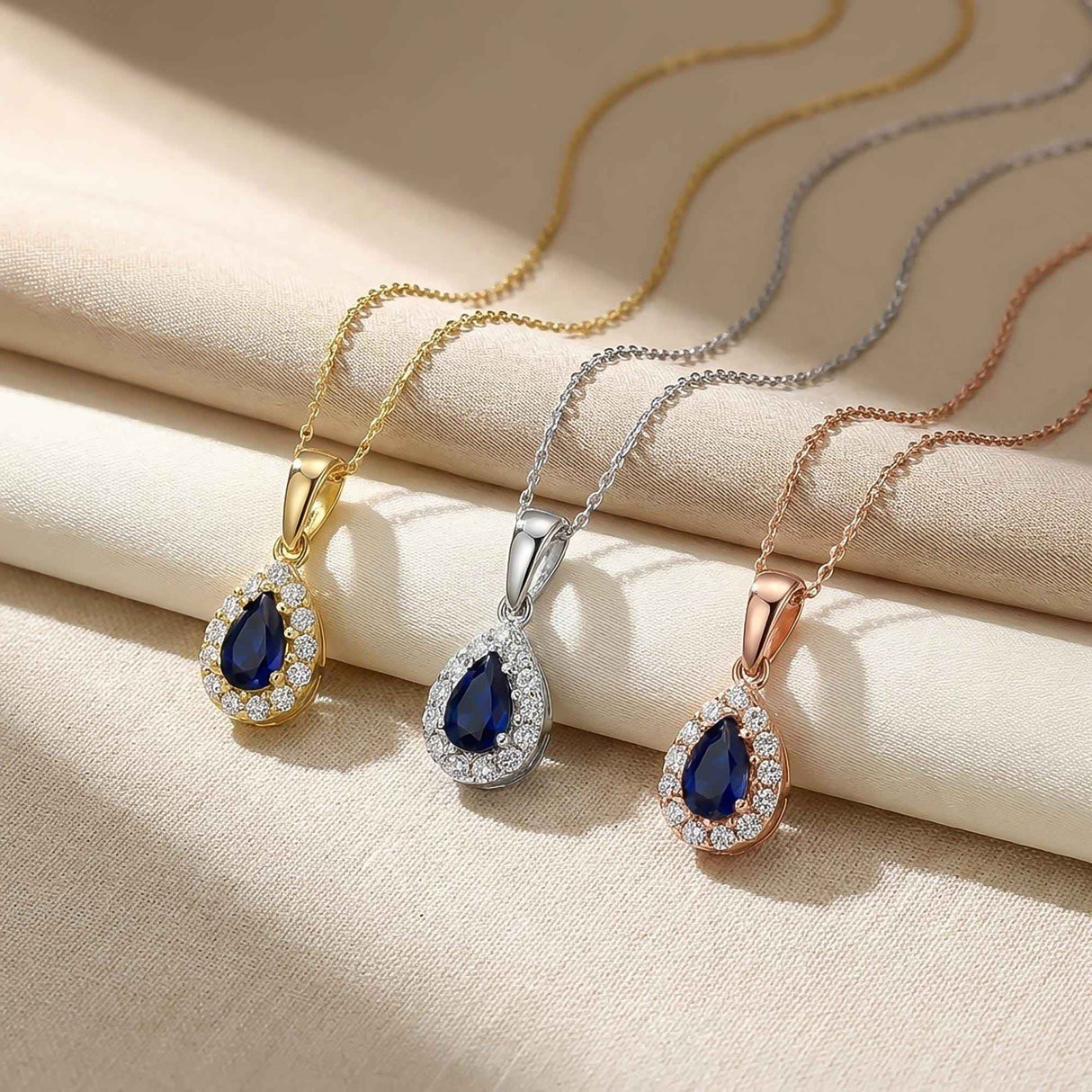 14K Solid Gold Sapphire Necklace Pear Halo Pendant September Birthstone Dainty Blue Gem Gift