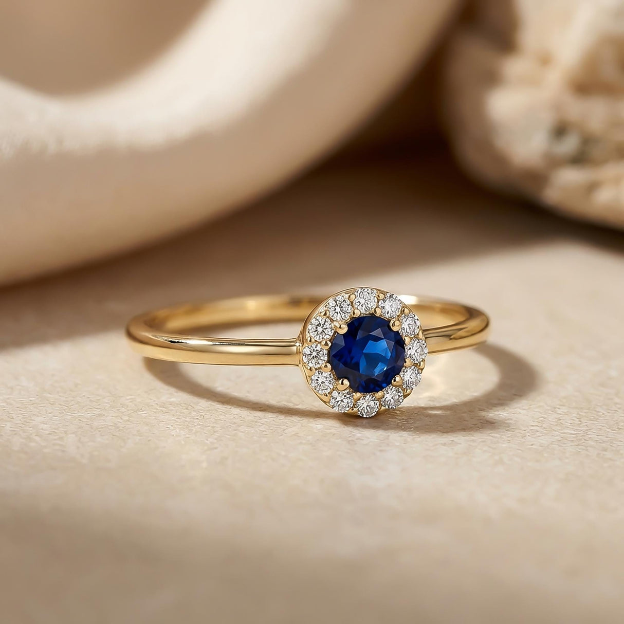 14K Solid Gold Sapphire Halo Ring September Birthstone Dainty Minimal Promise Ring