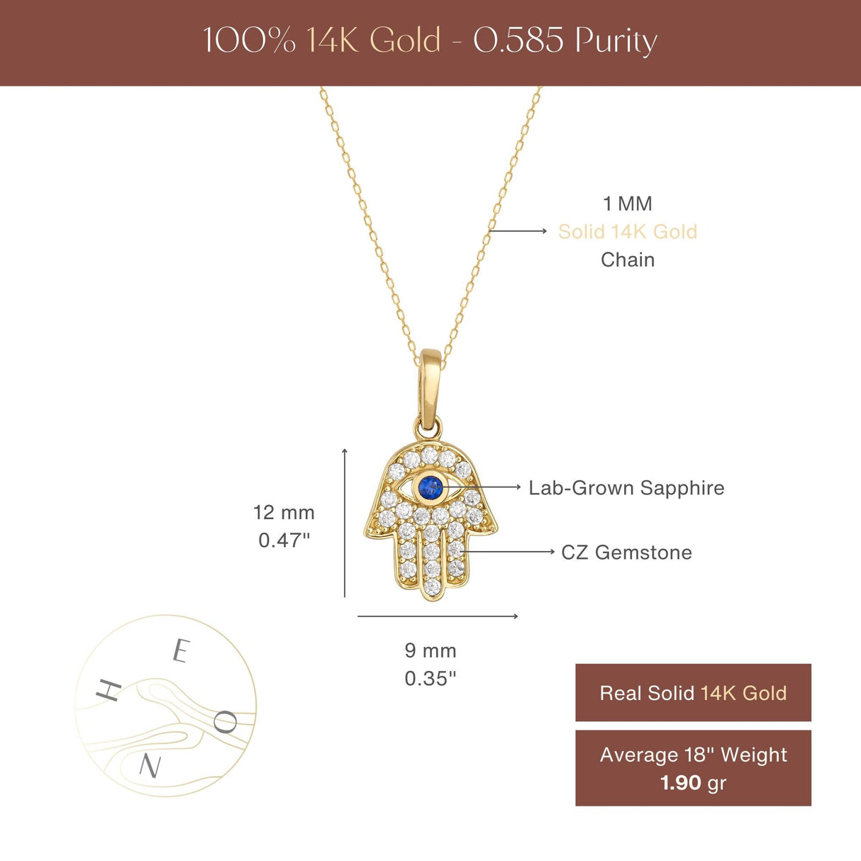 14K Solid Gold Hamsa Hand Necklace Sapphire Evil Eye Protection Pendant Gift