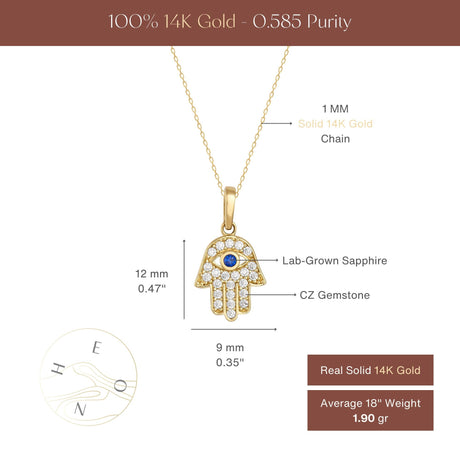 14K Solid Gold Hamsa Hand Necklace Sapphire Evil Eye Protection Pendant Gift