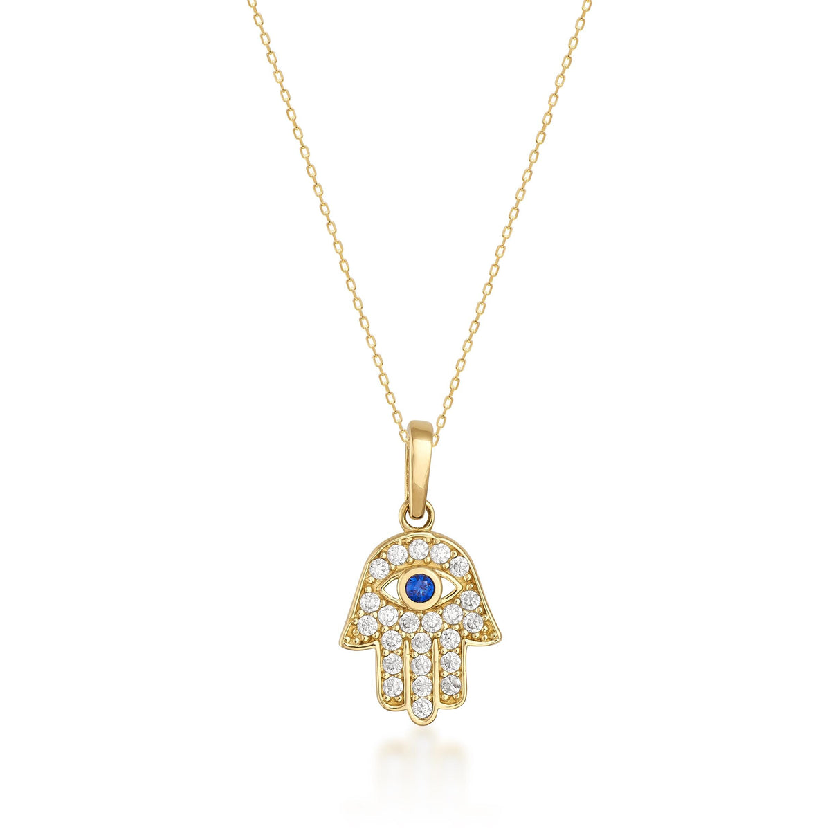 14K Solid Gold Hamsa Hand Necklace Sapphire Evil Eye Protection Pendant Gift
