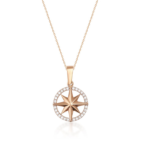 Collier étoile rose des vents en or rose 14 carats avec oxydes de zirconium sur fond blanc