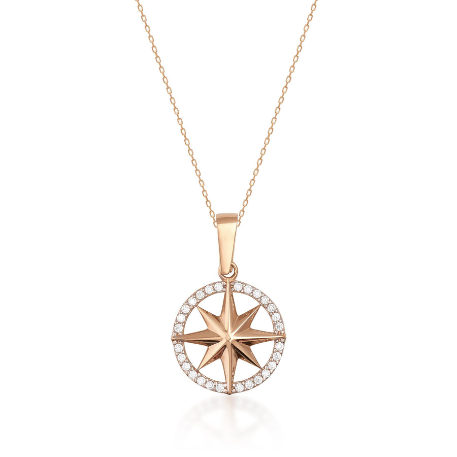 14K rose gold compass star necklace with CZ on white background