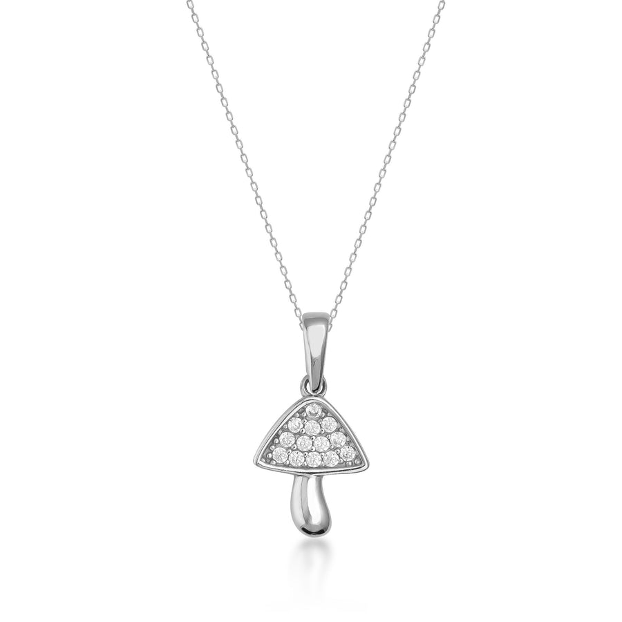 Collana con ciondolo fungo in oro bianco 14kt con cappello in zirconi su sfondo bianco