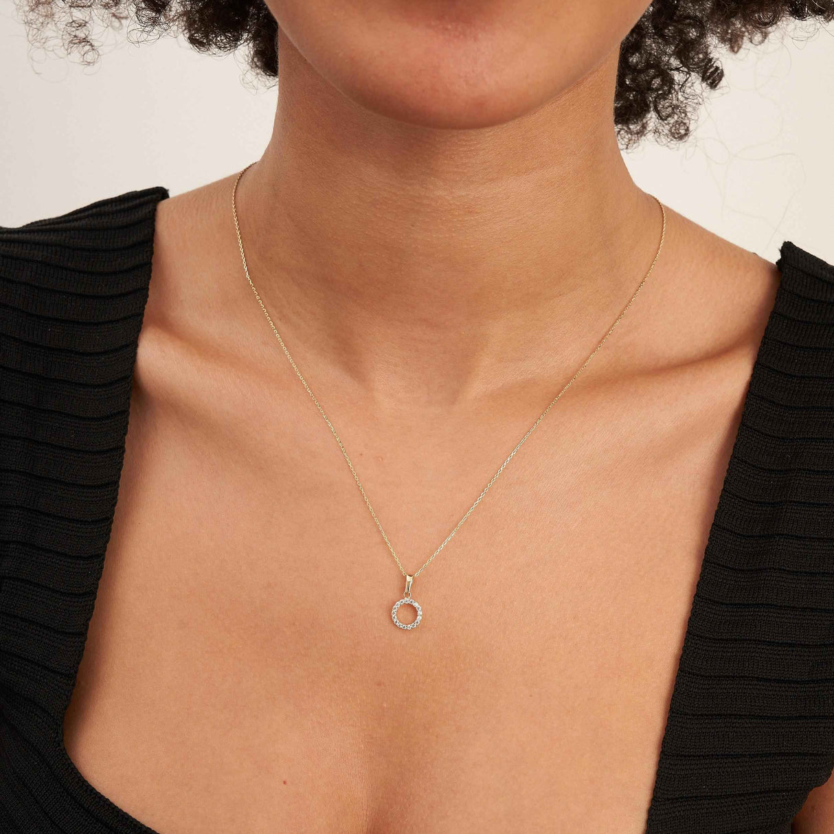 14K Solid Gold Circle Necklace CZ Eternity Halo Pendant