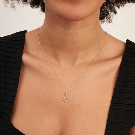 14K Solid Gold Circle Necklace CZ Eternity Halo Pendant