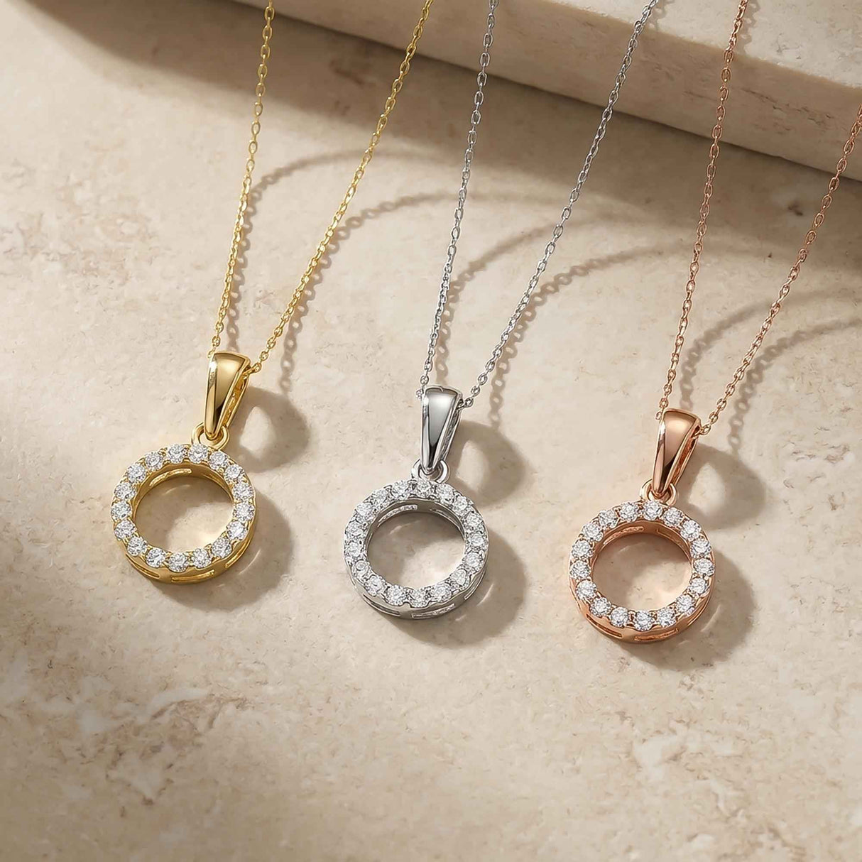14K Solid Gold Circle Necklace CZ Eternity Halo Pendant