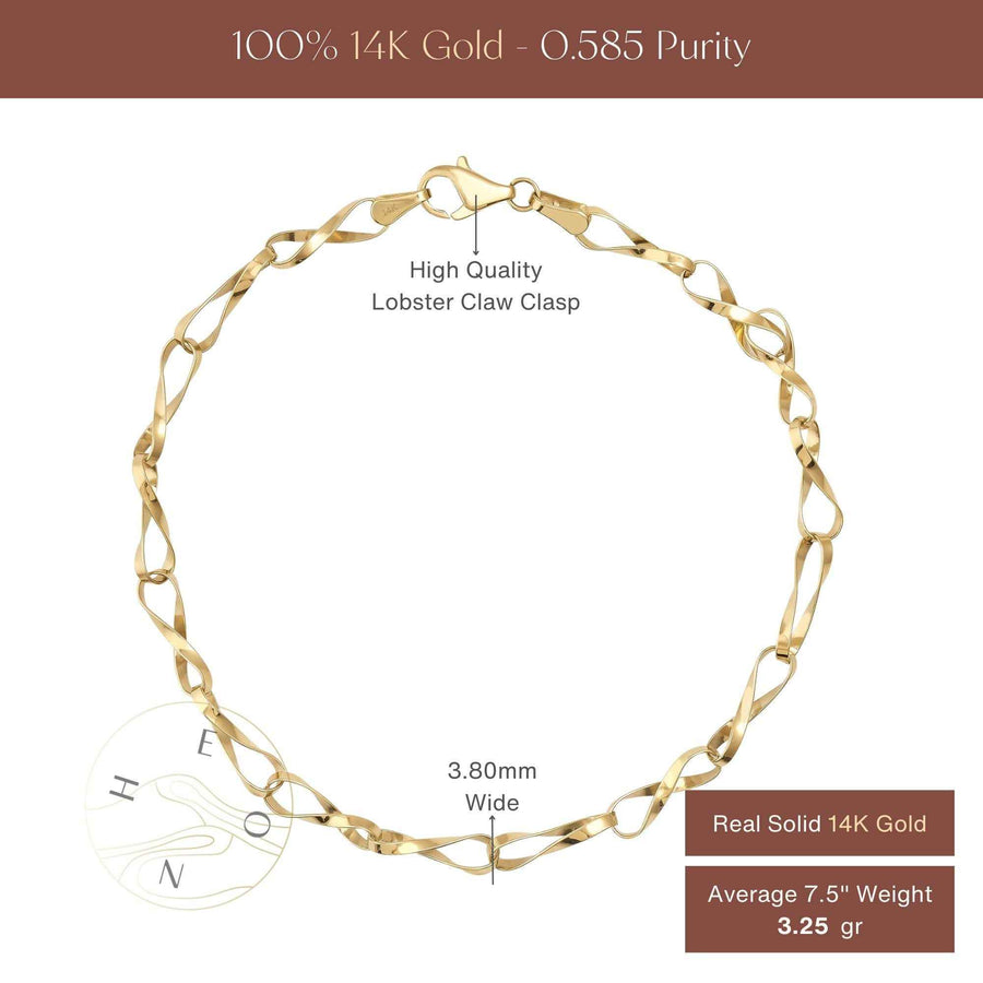Infografía de la pulsera de cadena retorcida de eslabones infinito en oro amarillo de 14 quilates: 3,80 mm de ancho con cierre de mosquetón