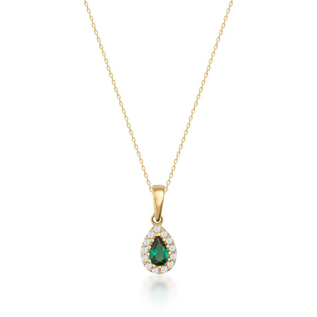 Collier halo émeraude poire de synthèse en or jaune 14 carats sur fond blanc