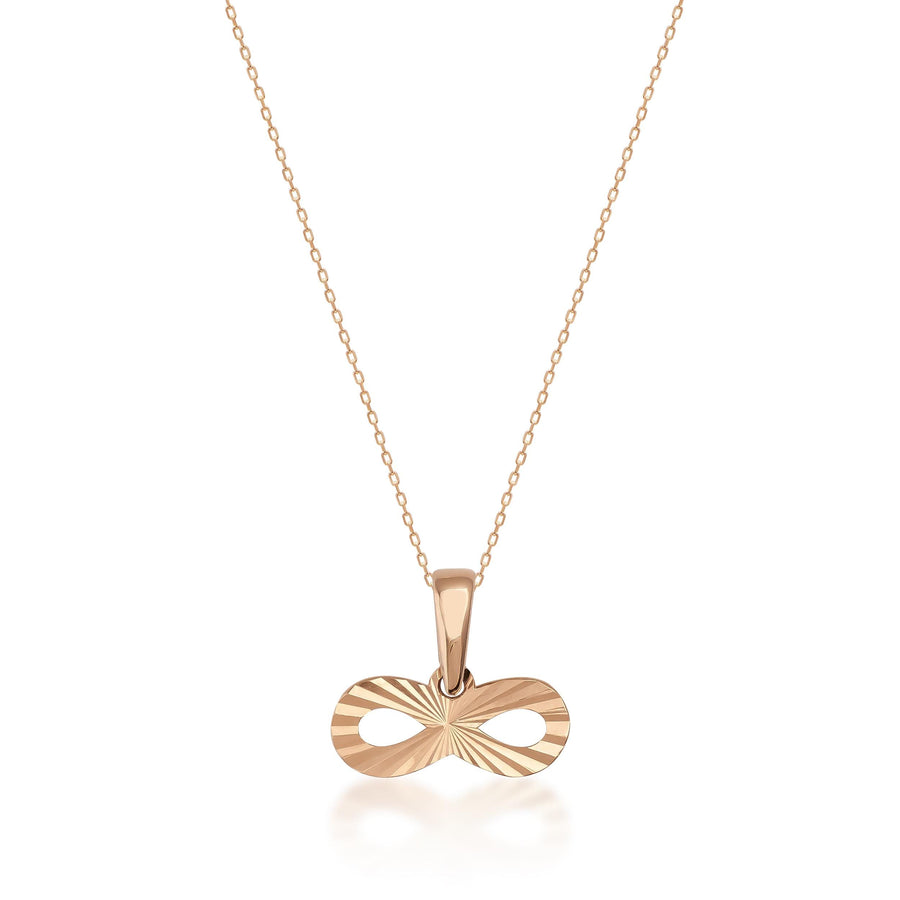 14K rose gold diamond-cut infinity necklace on white background
