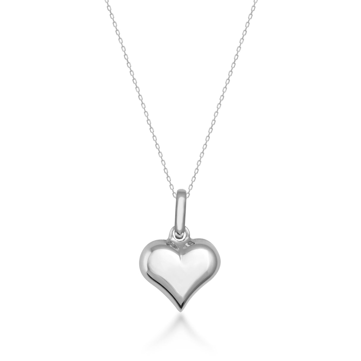 14K white gold classic puffed heart necklace on white background