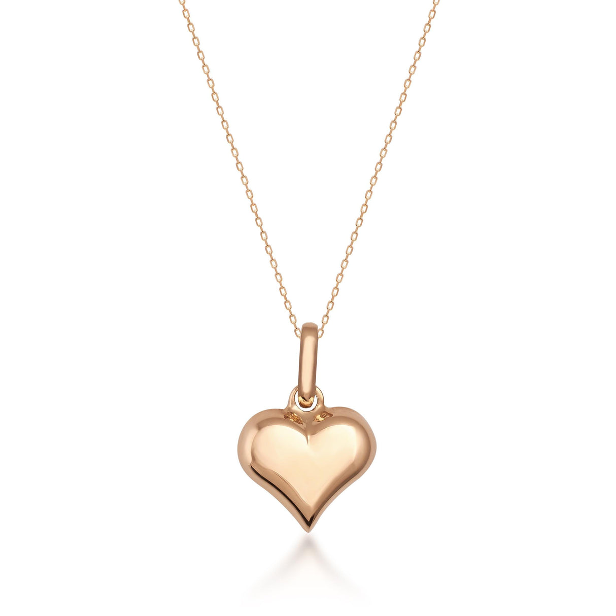 14K rose gold classic puffed heart necklace on white background