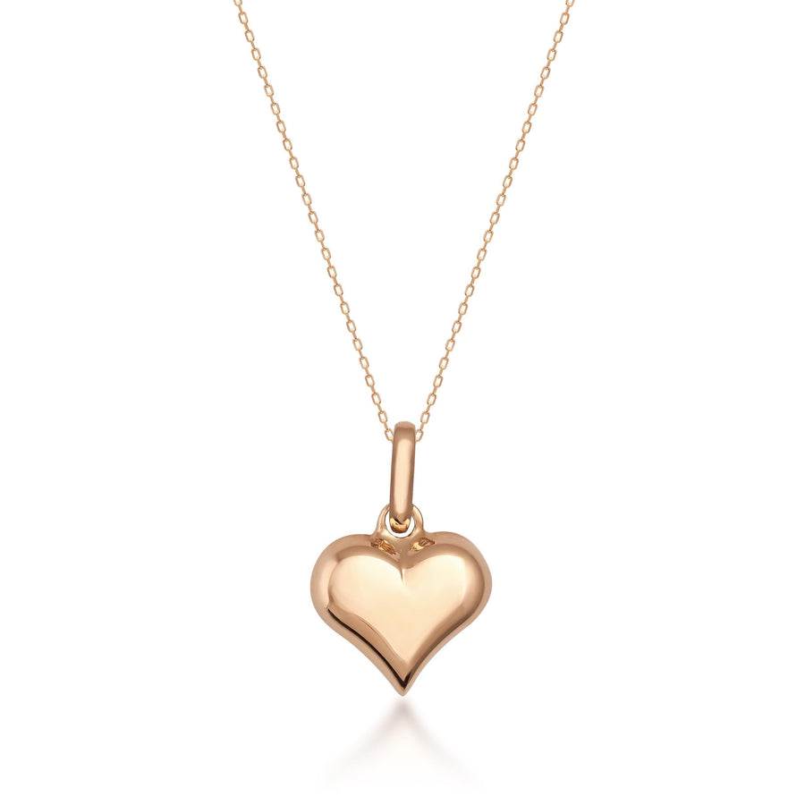 14K rose gold classic puffed heart necklace on white background