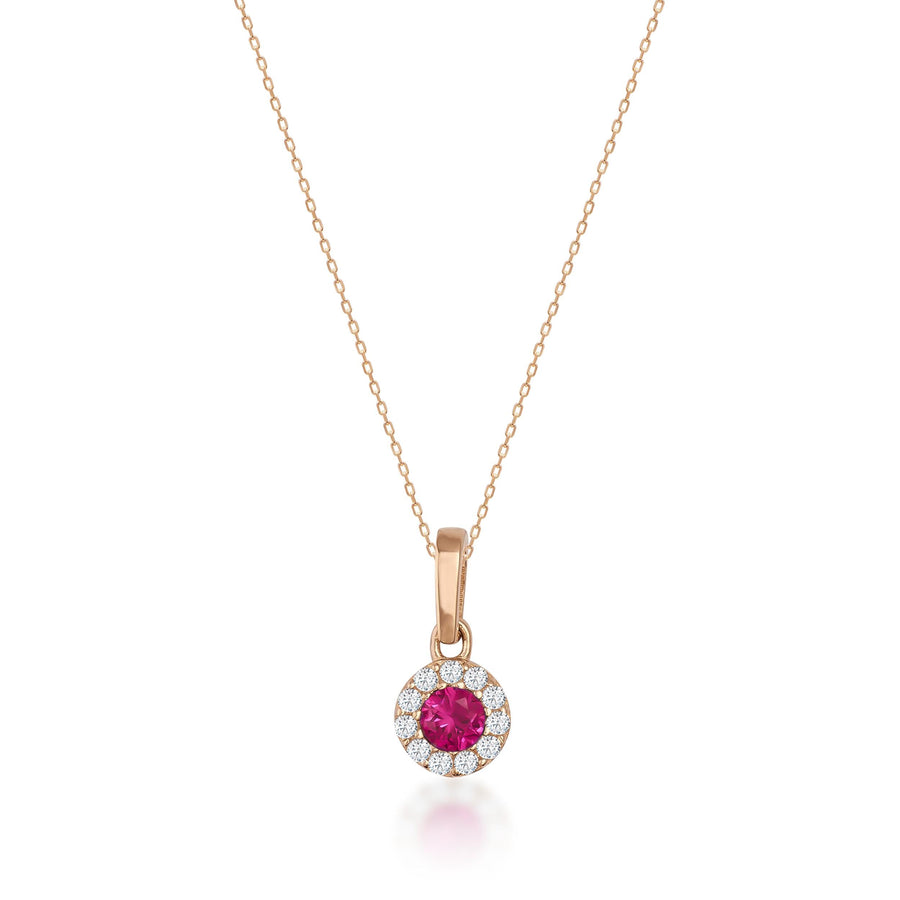 Collier halo rubis rond de synthèse en or rose 14 carats sur fond blanc