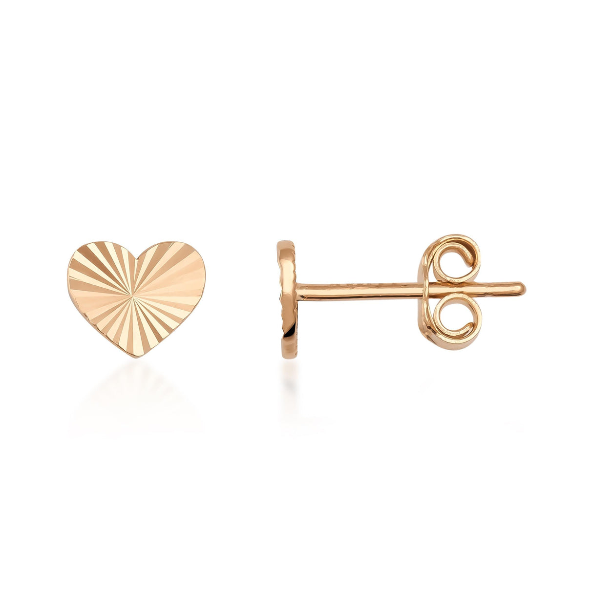 14K rose gold diamond-cut heart stud earrings, front and side view on white