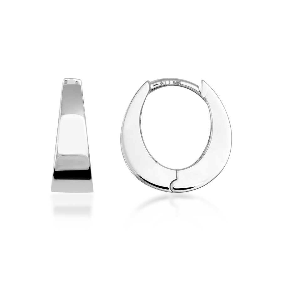 Pendientes de aro gruesos con bisagra en oro blanco de 14 quilates, vista lateral y frontal sobre fondo blanco
