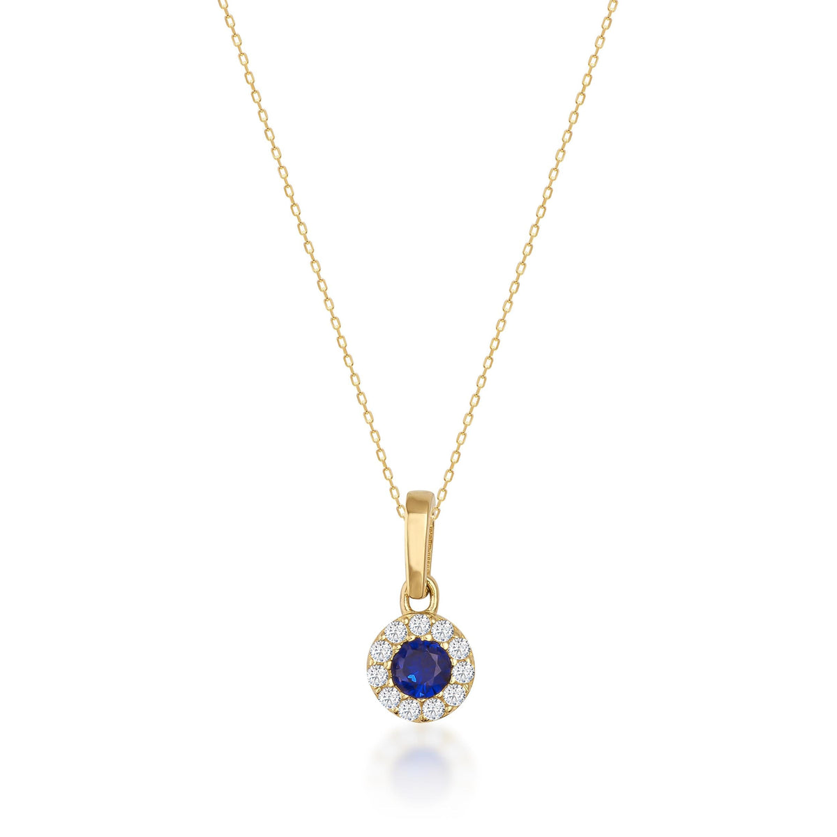 Collier halo saphir rond de synthèse en or jaune 14 carats sur fond blanc