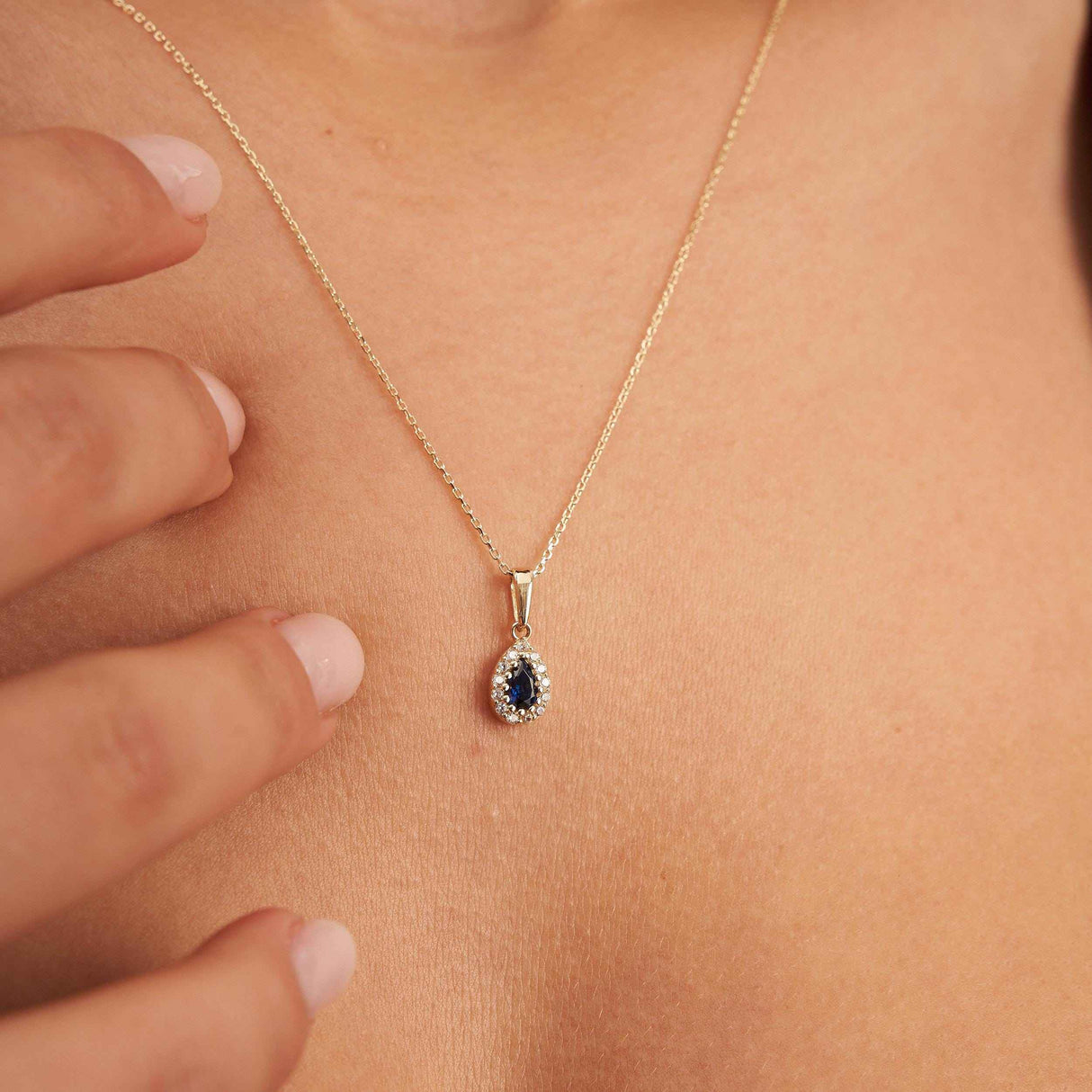 14K Solid Gold Sapphire Necklace Pear Halo Pendant September Birthstone Dainty Blue Gem Gift