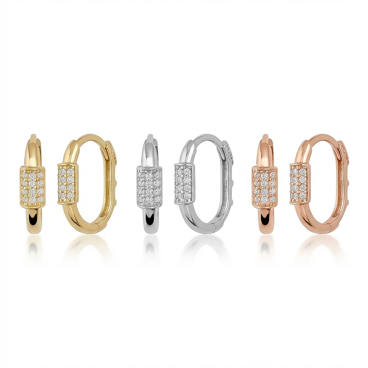 14K Solid Gold CZ Pave Huggie Earrings - Oval Hinged Hoops