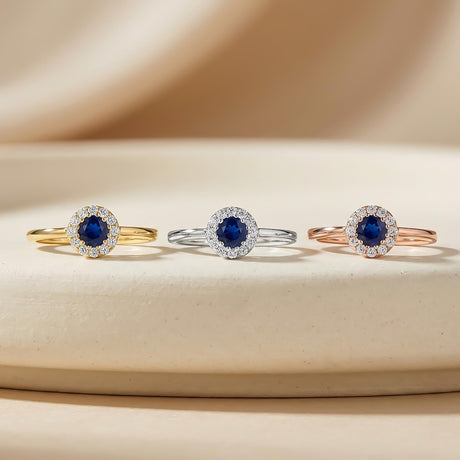 14K Solid Gold Sapphire Halo Ring September Birthstone Dainty Minimal Promise Ring