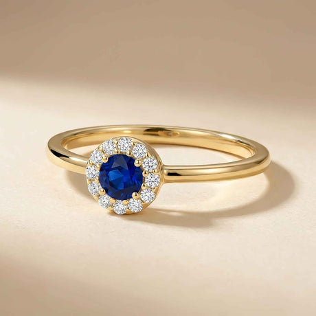 14K Solid Gold Sapphire Halo Ring September Birthstone Dainty Minimal Promise Ring