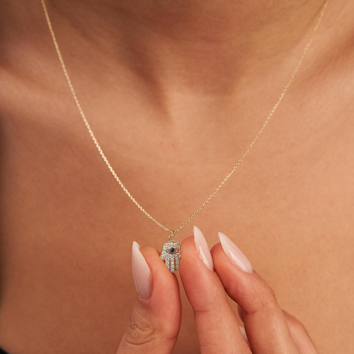 14K Solid Gold Hamsa Hand Necklace Sapphire Evil Eye Protection Pendant Gift