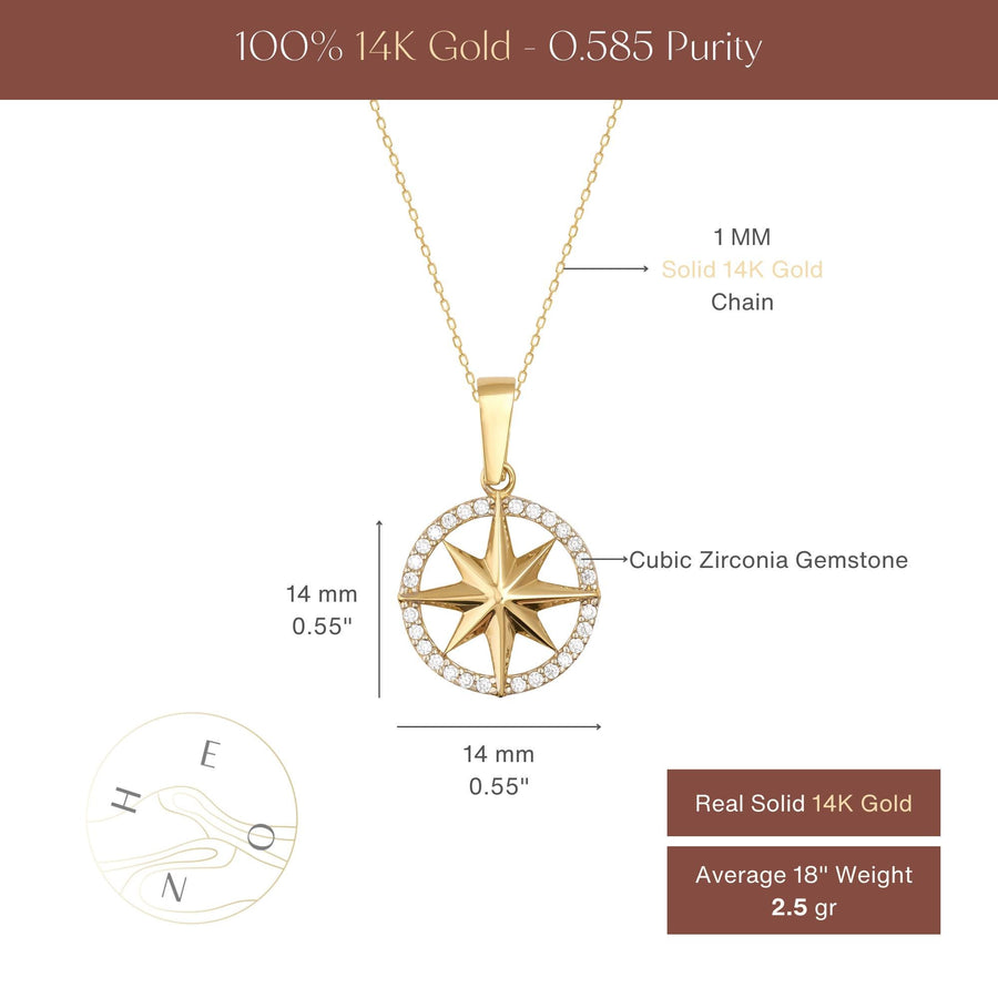 Size chart of 14K yellow gold compass star necklace, 14 mm pendant with cubic zirconia