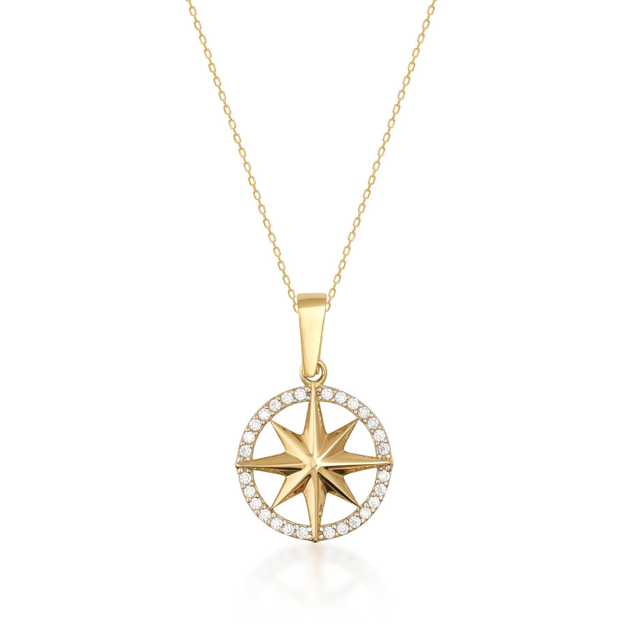 Collana stella dei venti in oro giallo 14kt con zirconi, su sfondo bianco