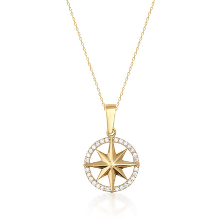 Collier étoile rose des vents en or jaune 14 carats avec oxydes de zirconium sur fond blanc