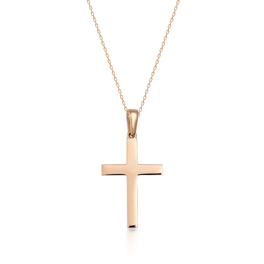 14K rose gold polished cross pendant necklace on cable chain, front view on white